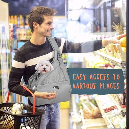 SlowTon Pet Dog Sling Carrier, Hands Free Hard Bottom Papoose Small Animal Puppy Up to 6 lbs Travel Bag Tote Breathable Mesh Support Adjustable Padded Strap Pocket Safety Belt Machine Washable