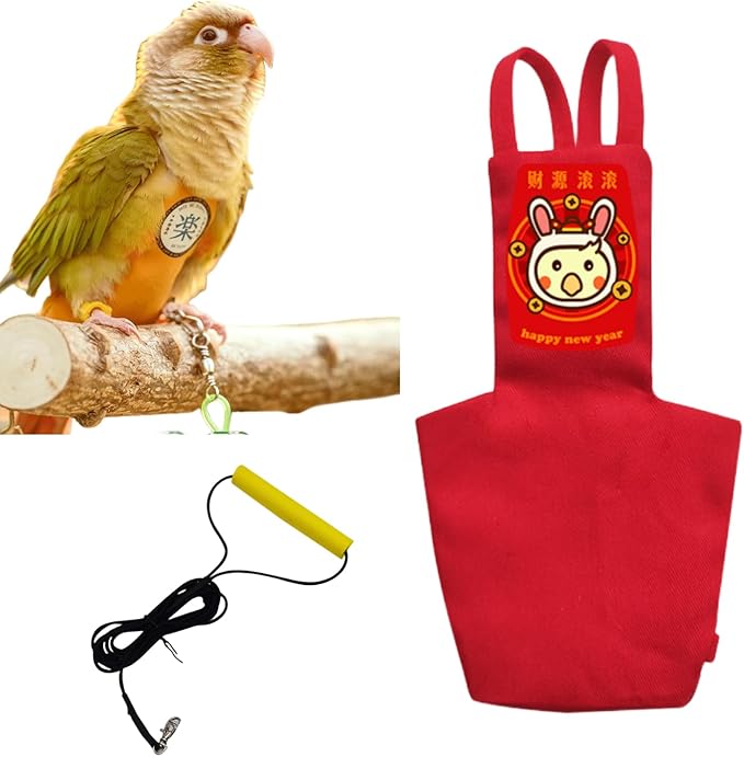 MANON ROSA Bird Diapers Leash Set Washable Reusable Handmade Flight Suit Waterproof Inner Layer - Protective Parrot Nappy Clothes Parakeets Macaws Budgies Canaries (Red1,Myna)