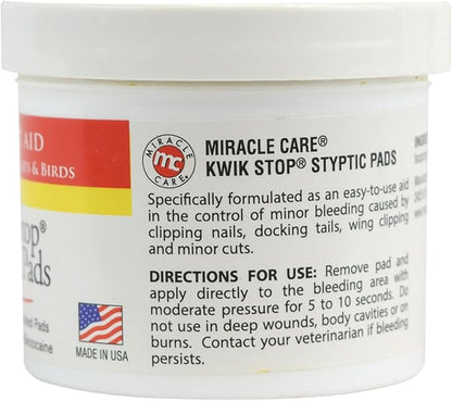 Miracle Care Kwik Stop Styptic Pads for Dogs, Cats and Birds, 90 Pre-Soaked Pads, Fast Acting Blood Stop with Pain Relieving Benzocaine