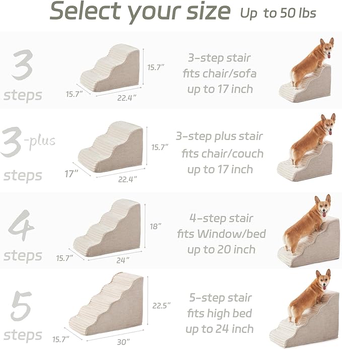 Dog Stairs for Small Dogs and Cats 18" H, High Density Support Foam Dog Steps Ramp for Bed and Couch, Pet Stairs with Non-Slip Bottom and Remove Washable Cover, 4-Step Pet Steps, Beige