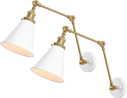 JONATHAN Y JYL7462B-SET2 Rover 7" Classic Industrial Metal Adjustable Arm LED Wall Sconce, White/Brass Gold (Set of 2) for Bedroom, Bathroom, Vanity