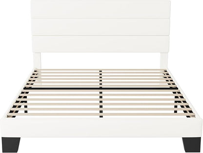 Allewie Queen Size Platform Bed Frame with Velvet Upholstered Headboard and Wooden Slats Support, Fully Mattress Foundation/No Box Spring Needed/Easy Assembly, White