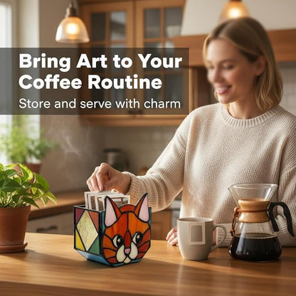 Star Orange Cat Planter, Stained Glass Flower Pot, Art Deco Style, Indoor Plant Container with Drainage Hole, 4.6x3x5.15 Inches