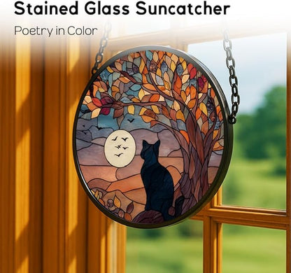 Stained Glass Window Hanging， Black Cat 11.8in Sun Catchers Indoor Window， Core Decor Inside and Outside The Cottage， Gothic Home Decor Gifts for Women， Cute Cat Lover Decor