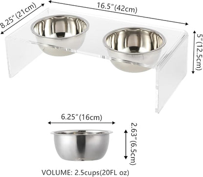 DBL2000A Keaton 5" Small/Medium Modern Lucite Rectangular Elevated Pet Feeder with 20oz 2-Stainless Steel Bowls, Clear/Chrome