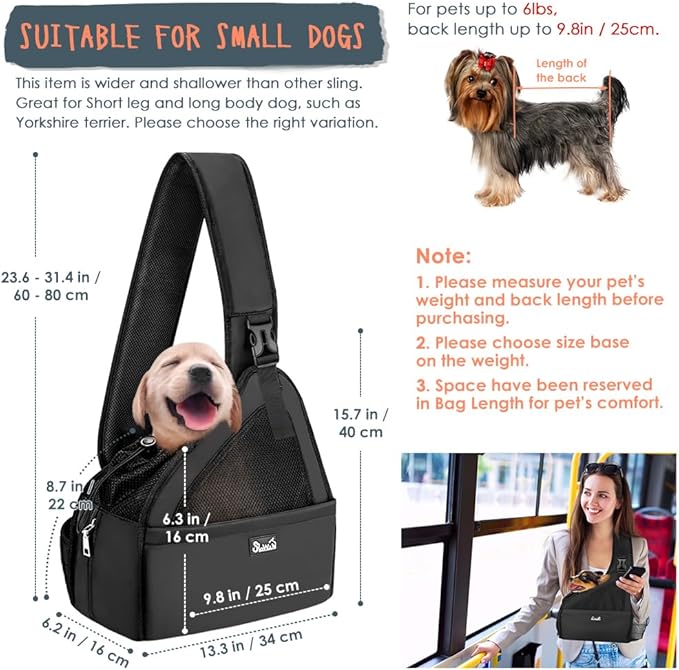 SlowTon Pet Dog Sling Carrier, Hands Free Hard Bottom Papoose Small Animal Puppy Up to 6 lbs Travel Bag Tote Breathable Mesh Support Adjustable Padded Strap Pocket Safety Belt(Widened Black)
