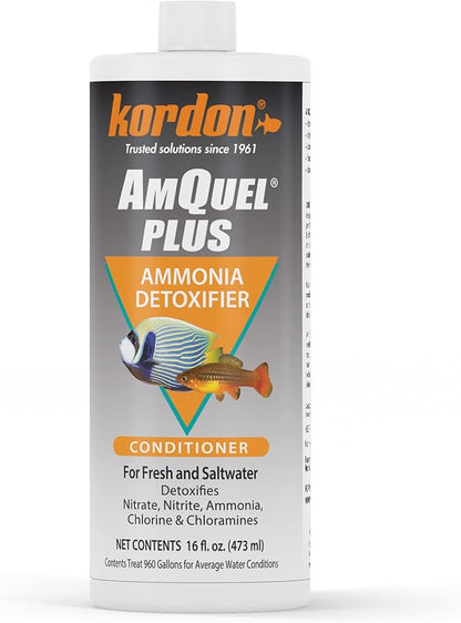 Kordon AmQuel Plus Aquarium Water Conditioner - Instantly Detoxifies Ammonia, Nitrite, Nitrate, and Chlorine Remover for Freshwater & Saltwater Aquariums, 16 Ounces