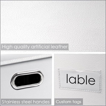 PRANDOM Collapsible Storage Box with Lid [3-Pack] Leather Fabric Foldable Storage Bin Organizer Container Basket Cube with Cover for Home Bedroom Closet Office Nursery White(13.6x9.6x6.9)