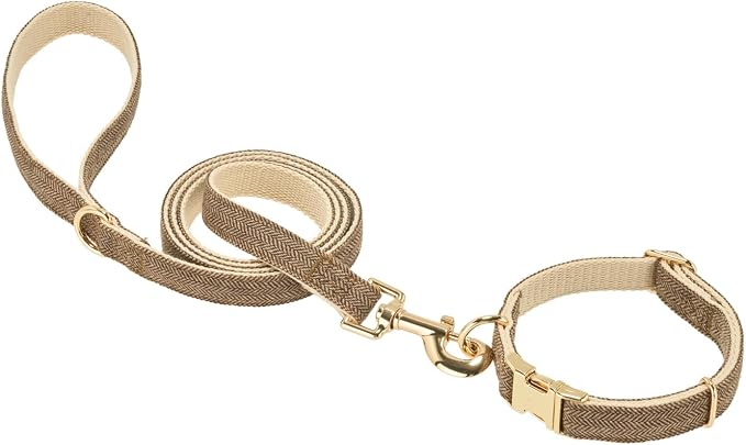 Luxury Soft Cotton Tweed Fabric Dog Collar & Leash Set with Gold Buckle – Durable Fabric, Stylish Design for Everyday Walks(Large Coffee)