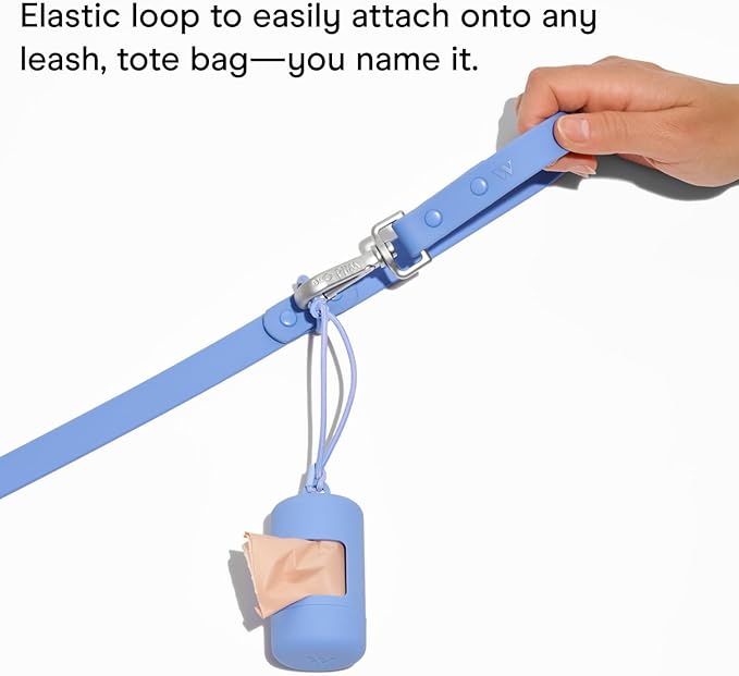 Wild One Dog Poop Bag Holder and Dispenser with Leash Attachment, Leak Proof, Easy Twist Top for Refills, Includes 1 Roll Poop Bags, Navy