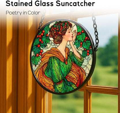 6.3in Stained Glass Window Hanging， Art Nouveau Woman with Holly Sun Catchers Indoor Window， Core Decor Inside and Outside The Cottage，Gifts for Women
