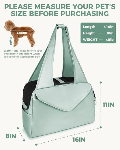 Lightweight Dog Purse with Large Pockets for Small Dogs up to 8 lb | Stylish, Soft-Sided Small Dog Carrier with Safety Buckle and Breathable Anti-Scratch Mesh for Travel, Sage Green
