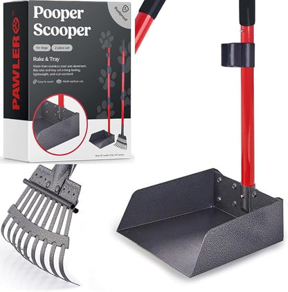 Pooper Scooper for Large Dogs and Small Dogs, Metal Poop Scooper Set with Long Handle Rake and Heavy Duty Tray for Yard, Grass, Dirt or Gravel, Heavy Duty Aluminum Poop Picker Upper