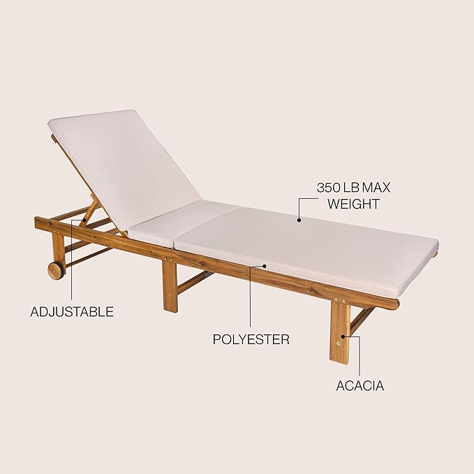 JONATHAN Y LNG1102A Mallorca 77.17"x23.62" Modern Classic Foldable Adjustable Wood Chaise Outdoor Lounge Chair with Cushion & Wheels, for Pool, Deck, Poolside, Beige/Natural