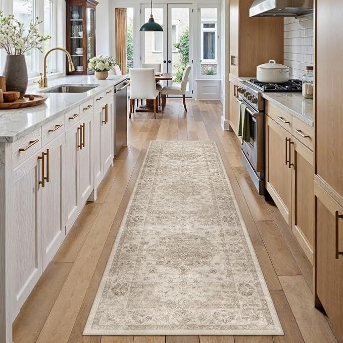 Washable Runner Rug 2x8 for Hallway Beige Neutral Vintage Long Carpet Soft Low Pile Non Slip Throw Rug Floral Distressed Accent Rug for Entryway Bathroom Office Laundry Dining Room