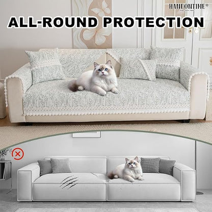 HANDONTIME Elegant Floral Pet Couch Cover, Jacquard Chenille Dog Bed Cover with Plush Fringe, Non-Slip Washable Sofa Protector for Dogs & Cats, Fits Sectionals 3 Cushion Couches (Green,35.4" x 70.9")