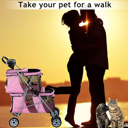 Dkeli 4 Wheel Pet Stroller for Small and Medium Dog Cats, Double Dog Stroller with Cup Holder, Folding Travel Cage for 2 Puppies or Two Kittens, Pink