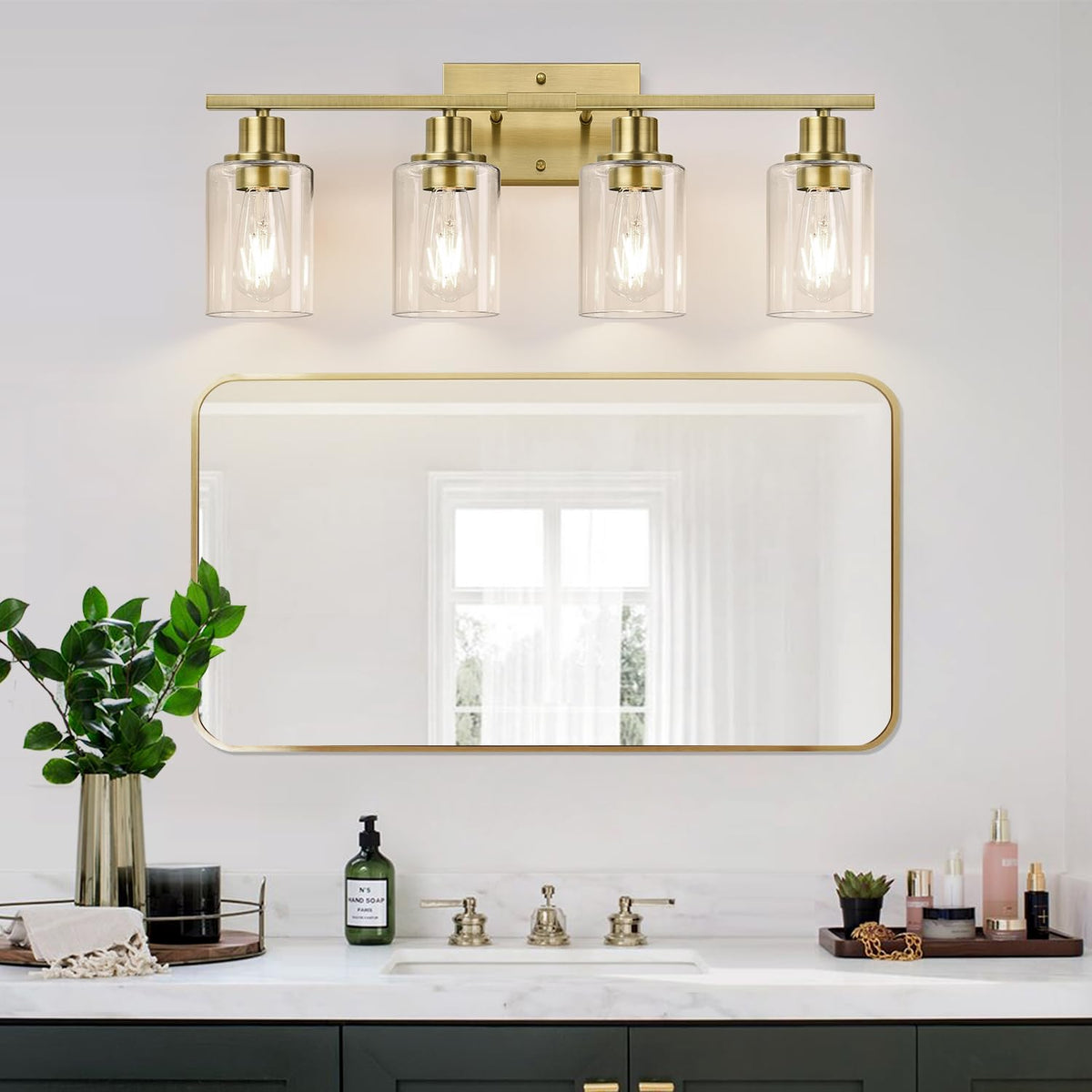 4 Light Bathroom Light Fixtures, Brass Vanity Lights for Bathroom with Clear Glass Shades, Modern Bathroom Wall Sconces for Mirror Living Room Cabinet