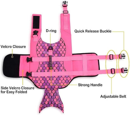 Dog Life Jacket Ripstop Shark Dog Safety Vest Adjustable Preserver with High Buoyancy and Durable Rescue Handle for Small,Medium,Large Dogs, Pink Fish X-Large