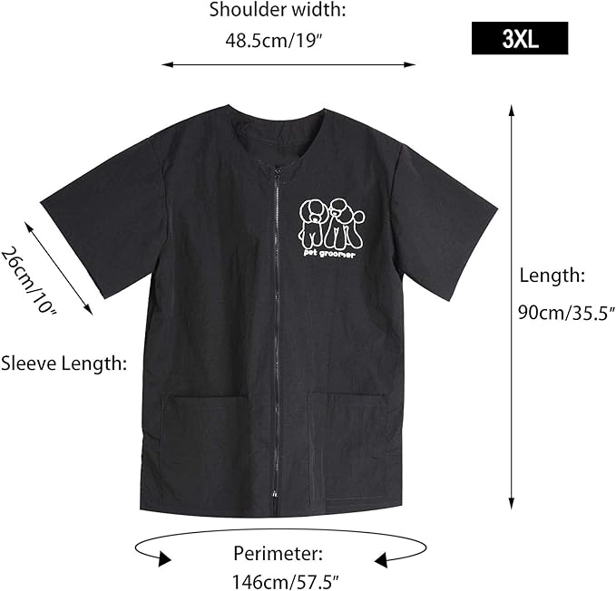 Noverlife Short Sleeves Pet Grooming Work Clothes with Full Zipper, 3XL Size, Splash Proof Anti-Static Pet Beautician Smock, Dog Cat Groomer Cosmetologist Uniforms for Pet Shop Men Women