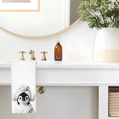 Funny Penguin Bathroom Hand Towels, Penguin Gifts for Women, Gifts for Animal Lovers, Black and White Animal Decorative Hand Towels for Bathroom Decor, 16x24 Inch