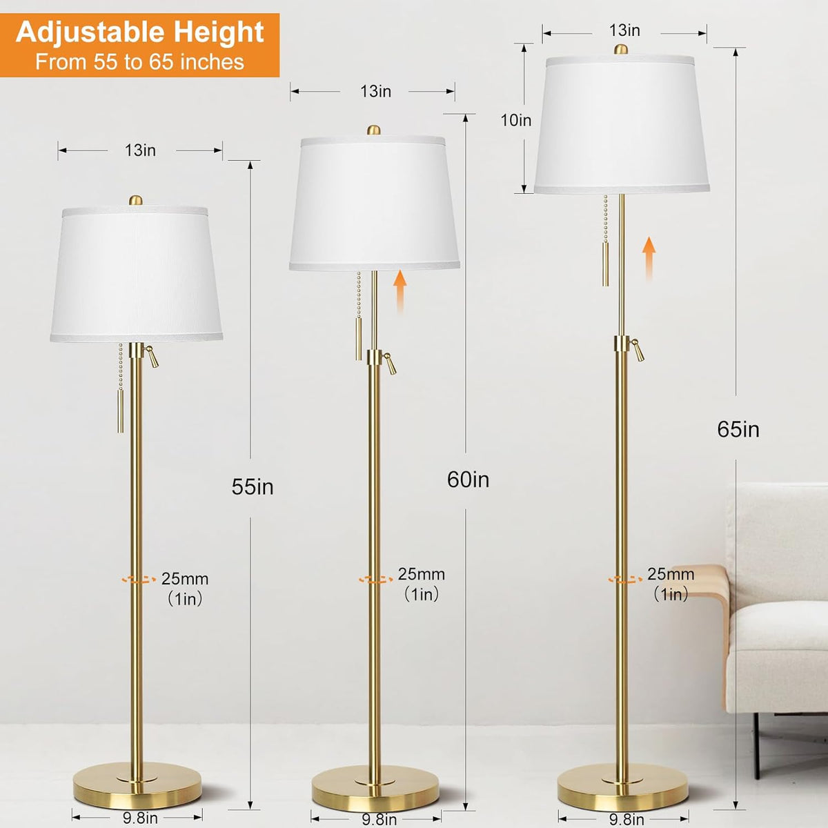 Gold Floor Lamp for Living Room, Tall Standing Lamp 55-65" Adjustable Modern Brass Floor Lamps for Bedroom Reading Office Kids 3 Color Lights Corner Night Stand (9W LED Bulb, White Shade)
