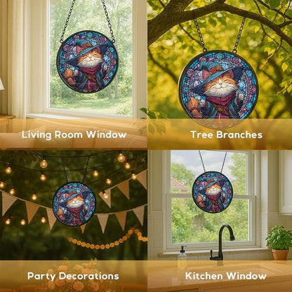 Stained Glass Window Hanging， Wizard Cat 9.8in Sun Catchers Indoor Window， Core Decor Inside and Outside The Cottage， Gifts for Women， Whimsical Feline Art， Colorful Accent Decor