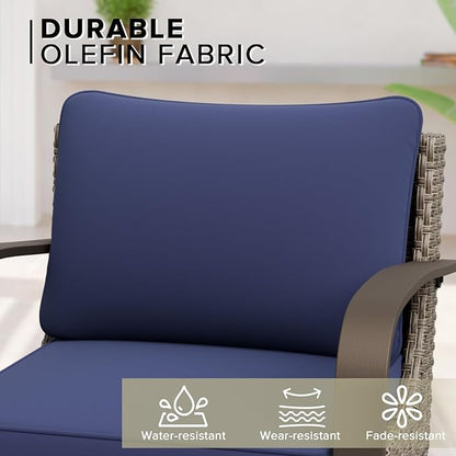 COOS BAY Aurora Terrace Half-Moon Outdoor Furniture Set, Rattan Conversation Set with Swivel Rockers, Curved 4-Seat Sofa, Coffee Table, Seats 6, Beige/Blue