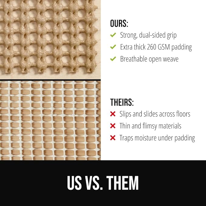 GORILLA GRIP Premium Dual Sided Extra Thick 2x6 Rug Gripper Pad for Hardwood Floors, Breathable Slip Resistant Pad Grips Under Carpet Area Rugs for Hard Surface Floor Protection, Easy Trim Mats, Beige