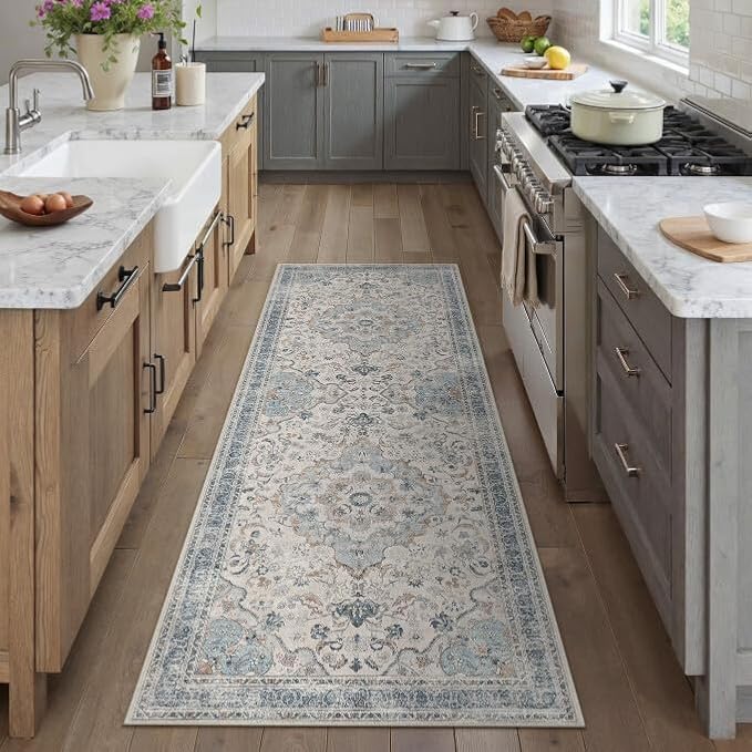 Blue Runner Rug 2x6 Washable Vintage Long Carpet Low Pile Traditional Distressed Retro Accent Indoor Hallway Throw Rug Non Slip for Kitchen Laundry Bathroom Dining Room