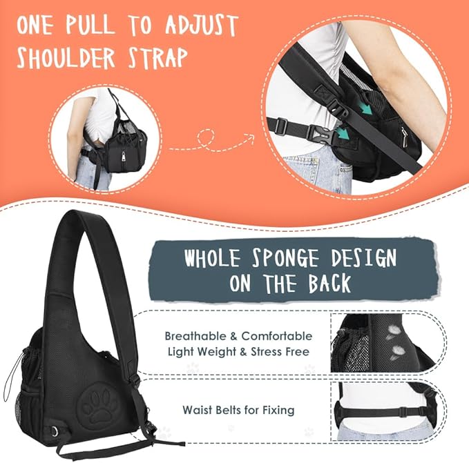 SlowTon Pet Dog Sling Carrier, Hands Free Hard Bottom Papoose Small Animal Puppy Up to 6 lbs Travel Bag Tote Breathable Mesh Support Adjustable Padded Strap Pocket Safety Belt(Widened Black)