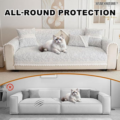 HANDONTIME Floral Chenille Couch Cover for Pets – Plush Fringed Edges, Washable & Non-Slip Sofa Protector, Pet-Friendly Dog Bed Cover for Couches and Sectionals (Light Grey,35.4" x 70.9")