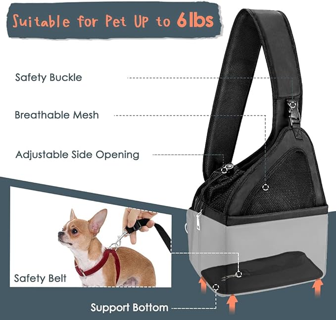 SlowTon Pet Dog Sling Carrier, Hands Free Hard Bottom Papoose Small Animal Puppy Up to 6 lbs Travel Bag Tote Breathable Mesh Support Adjustable Padded Strap Pocket Safety Belt Machine Washable