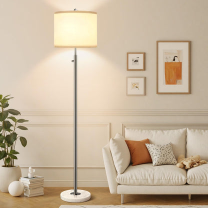 【Upgraded】 Dimmable Floor Lamp for Living Room, 11W LED Bulb Included, Modern Standing Lamp with Marble Base, Tall Pole Light with Linen Shade for Bedroom Reading Office Corner Nursery-Brushed Nickel