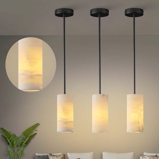 Alabaster Pendant Light Kitchen Island, H-9.5in Black Pendant Light Fixtures with Natural Marble Shade, Adjustable Ceiling Pendant for Dining Room, Living Room, Bedroom & Bathroom