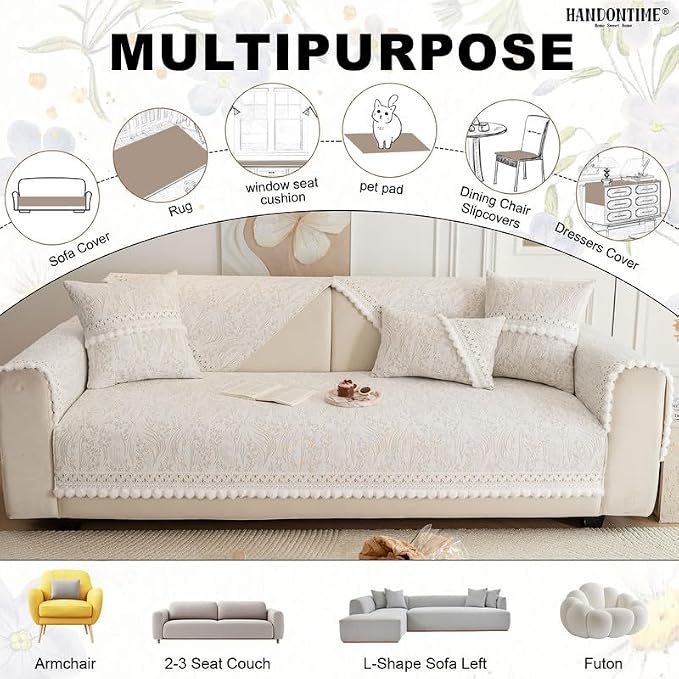 HANDONTIME Chenille Pet Couch Cover Floral Pattern – Soft Fringed Edges, Non-Slip Washable Sofa Slipcover, Jacquard Sofa Cushion Cover, Protects Furniture from Dogs, Cats & Kids (Khaki,35.4" x 63")