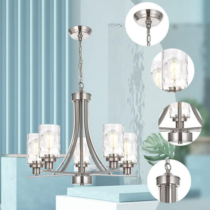BONLICHT 5 Light Modern Chandeliers Brushed Nickel Kitchen Island Dining Room Lighting Fixtures Ceiling Hanging Clear Hammered Glass Pendant Lamp Transitional Pendant Lights for Living Room Foyer