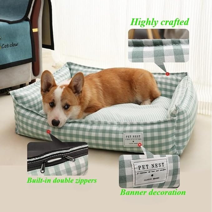 Orthopedic Rectangle Dog Bed for Medium Small Dogs, Plaid Plush Modern Puppy Sofa Bed with Anti-Slip Bottom, Cute Calming Pet Bed(Red,X-Large)