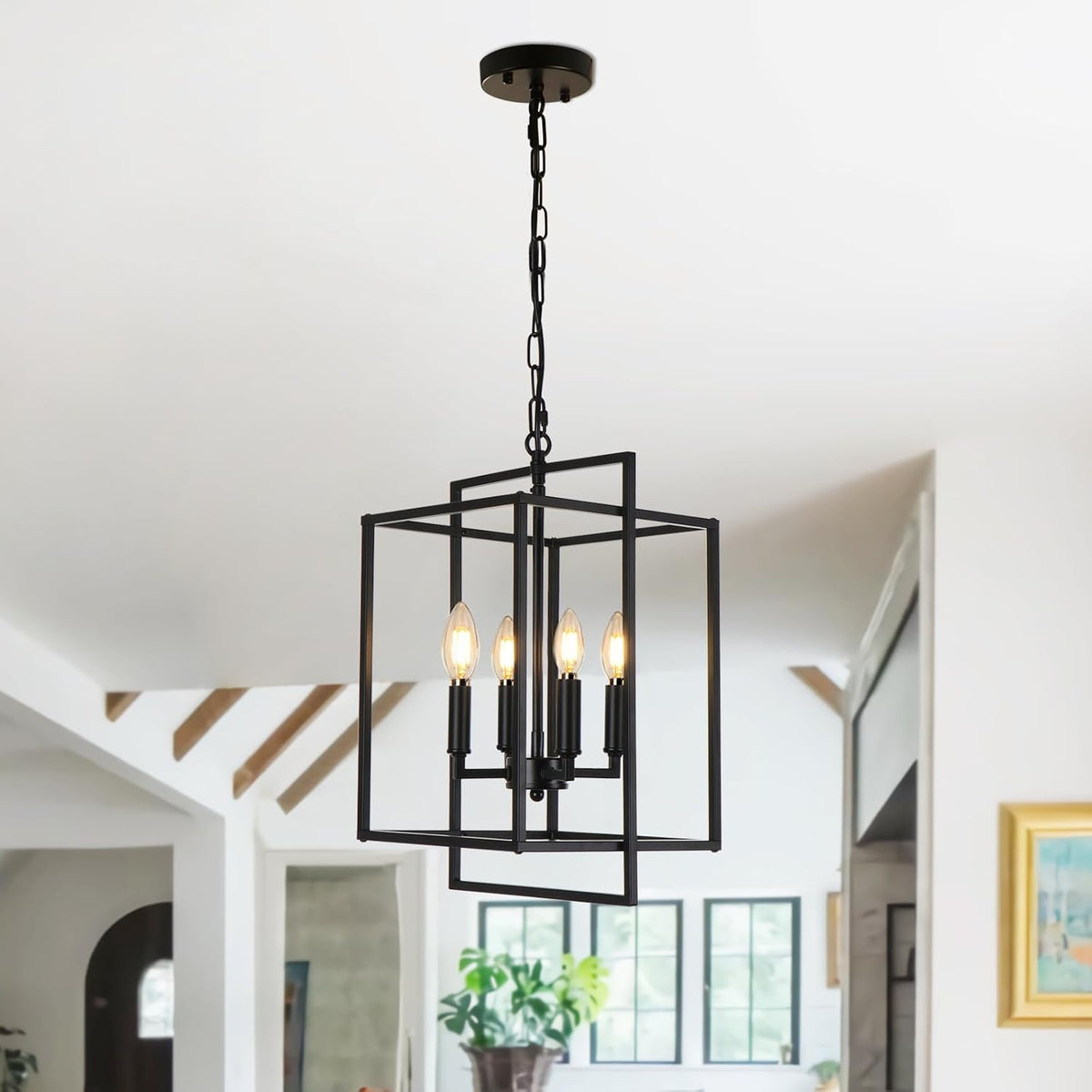 4-Light Vintage Black Chandelier, Foyer Lighting Fixtures Farmhouse Chandeliers for Dining Room, Modern Industrial Lantern Pendant Light for Kitchen Island Entryway Stairway