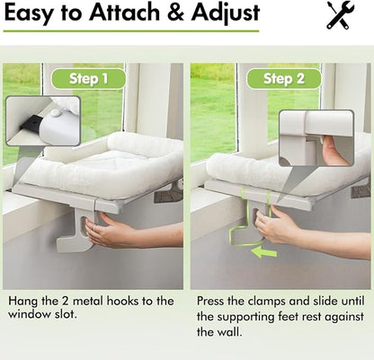 Cat Window Sill Perch with Large Bolster, Easy to Adjust & Assemble Cat Window Seat for Windowsill & Bedside, Pet Hammock Bed for Large Cats and Kittens (White, M)