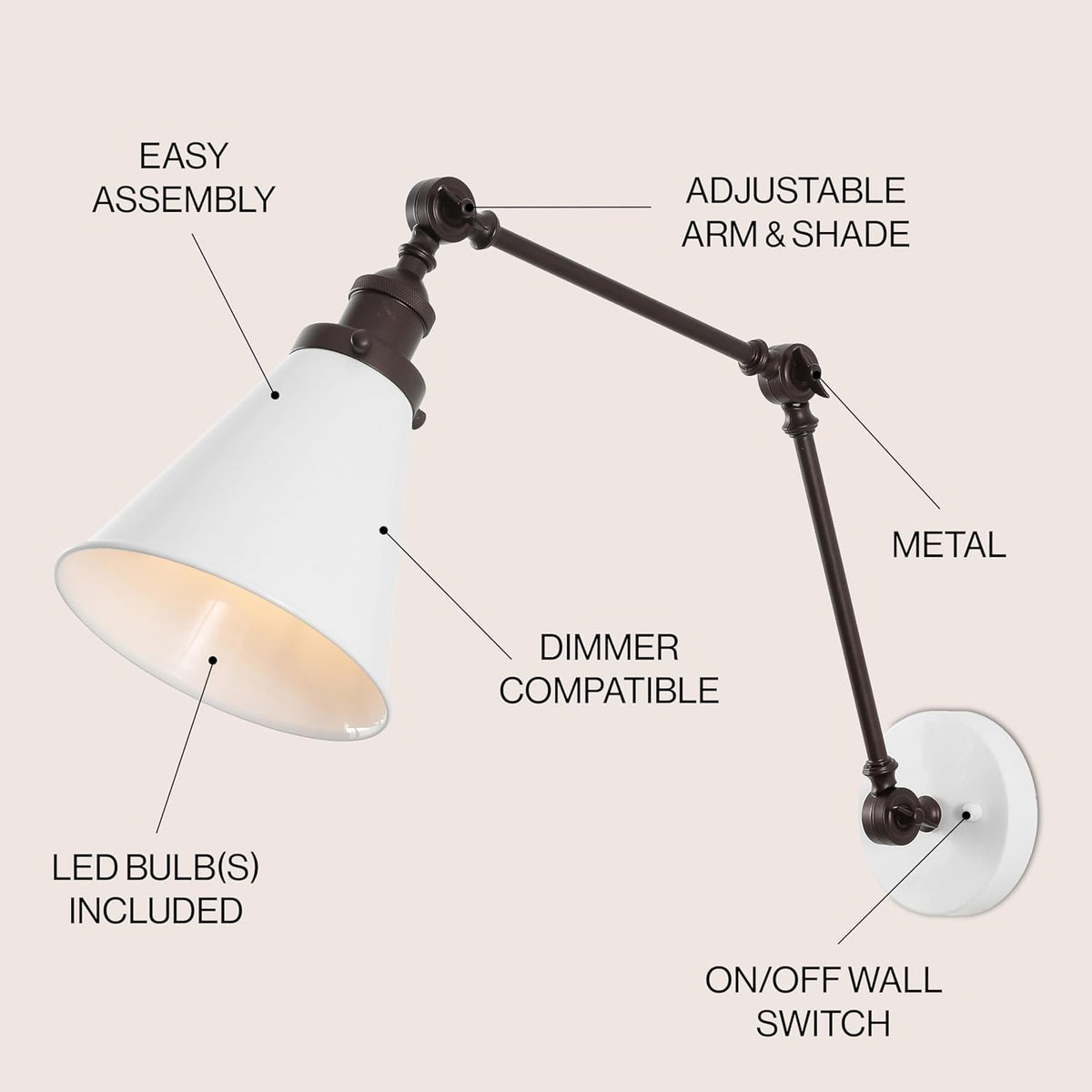 JONATHAN Y JYL7462C Rover 7" Classic Industrial Metal Adjustable Arm LED Wall Sconce, White/Oil Rubbed Bronze for Bedroom, Bathroom, Vanity