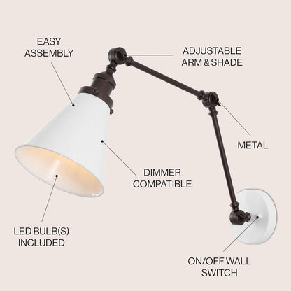 JONATHAN Y JYL7462C Rover 7" Classic Industrial Metal Adjustable Arm LED Wall Sconce, White/Oil Rubbed Bronze for Bedroom, Bathroom, Vanity