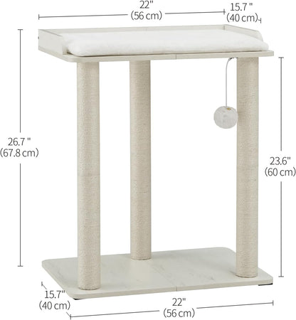 FourFurPets 26.7in Large Cat Tree Tower Condo, Cat Scratch Posts for Indoor Cats, Big Plate, Three 23.6in Full Sisal Scratching Posts, White