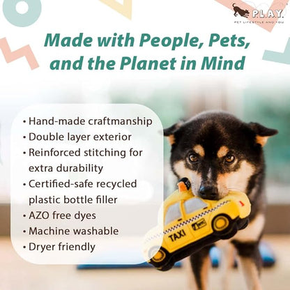 P.L.A.Y. Cute Plush Dog Toys - Canine Commute, Travel Themed Durable Squeaker Chew Toy, Great for Puppies & Small, Medium, Large Dog Breeds - Machine Washable, Recycled Materials (New-Yap City Taxi)