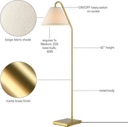 GLOBE Electric 61000147 62" Floor Lamp, Matte Brass, Beige Fabric Shade, On/Off Rotary Switch on Socket, 6-Foot Clear Cord, Reading Light, Bedroom, Living Room, Home Decor