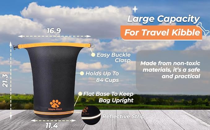 Dog Food Travel Bag - 84 Cups/26 lbs/20 Litre Capacity | Leak-Proof, Water-Resistant Dog Food Storage Container for Travel, Camping, RV & Outdoor | Collapsible, Easy-to-Clean Kibble Bag (Black)