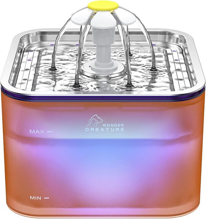 Crystal Cat Water Fountain Stainless Steel, 101oz/3L Pet Fountain with LED Light for Cats and Dogs (Orange)