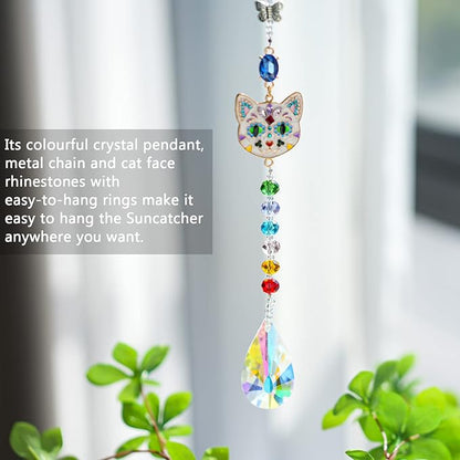 Crystal Rhinestones Suncatcher Cat Face Shaped with Butterfly Window Hang Pendant, Rainbow Crystal Colorful Prisms Ornament Gift Christmas Tree Decoration