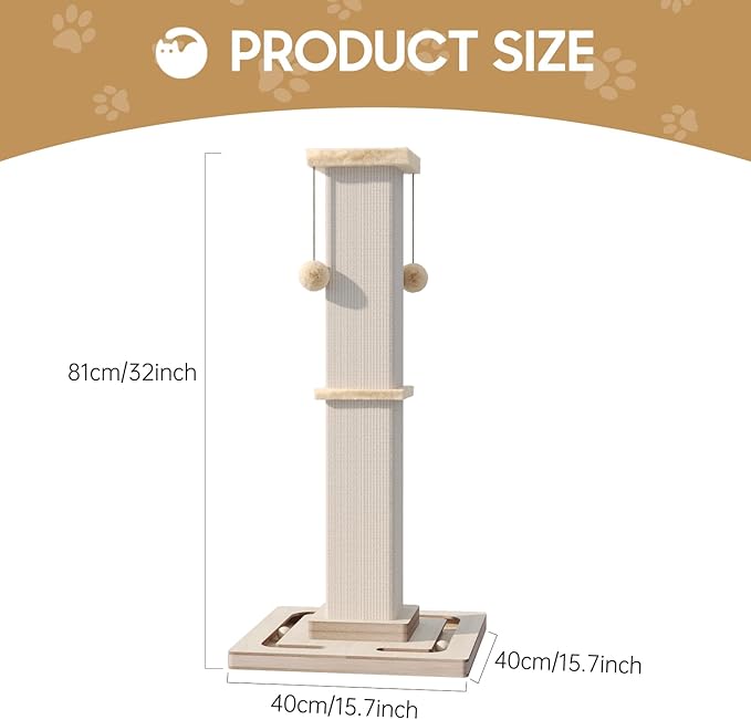 Large Cat Scratching Post, 32 Inch Tall Heavy Duty Scratching Post with Tracking Interactive Toys for Indoor