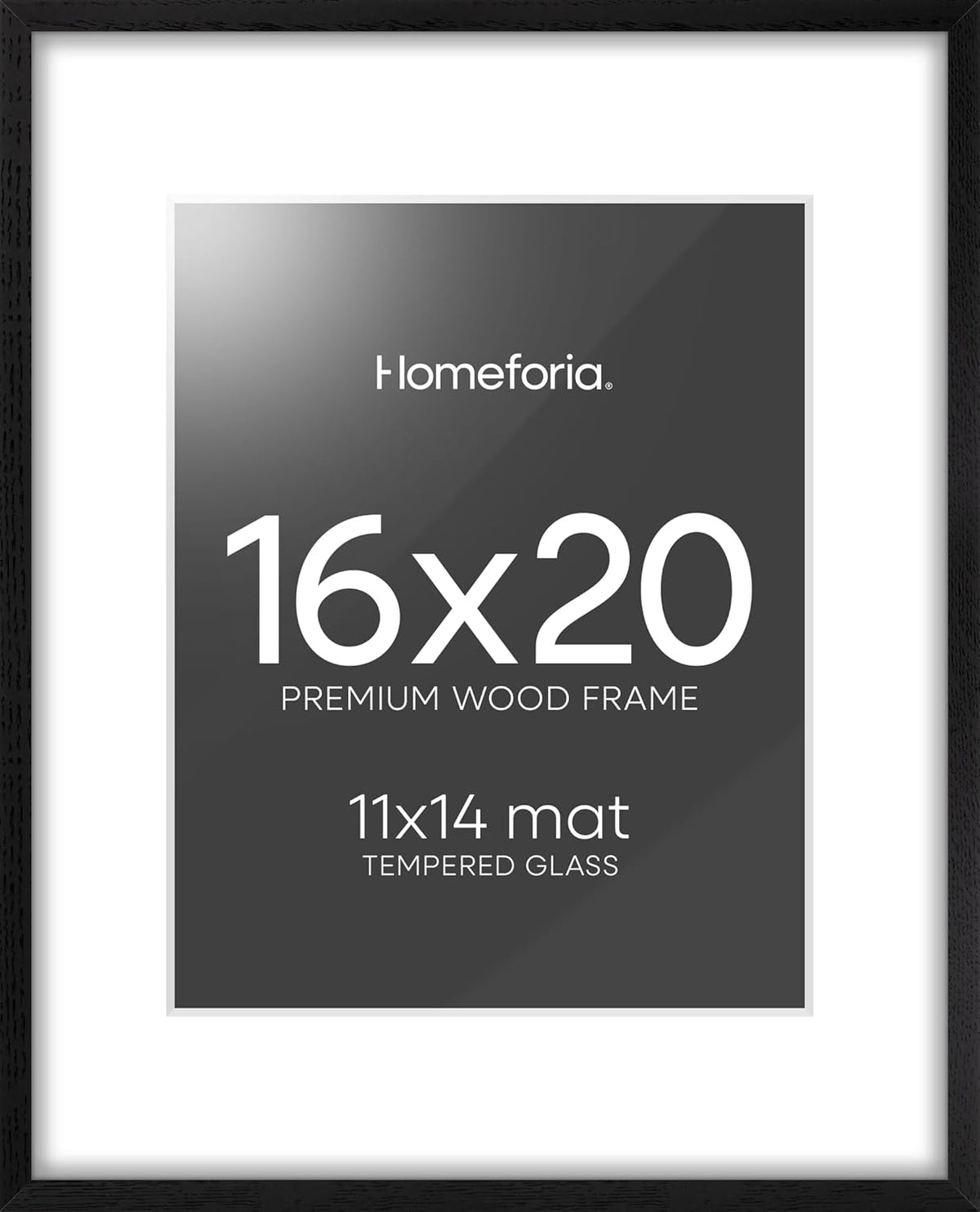 Homeforia 16x20 Black Wood Frame, High End Oak 16x20 Picture Frames with Mat 11x14 Photo, 16 x 20 Wooden Poster Frame Matted to 11 by 14 Print, 20x16 Hanging Frames, Tempered Glass, Wall Kit, Set of 1